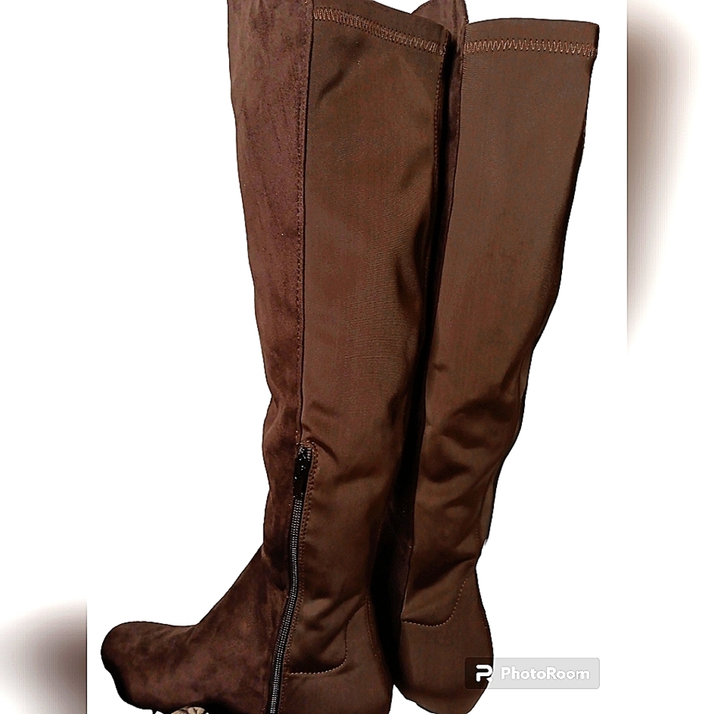 WILD DIVA SUADE FRONT SATEEN BACH Knee High Boots Brown 8" INSIDE ZIPPER 6.5 LN